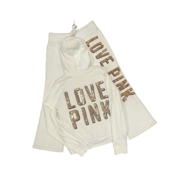 Vintage PINK Off White Velour Gold Bling Sequin Matching Set Size Large - Picture 6 of 15